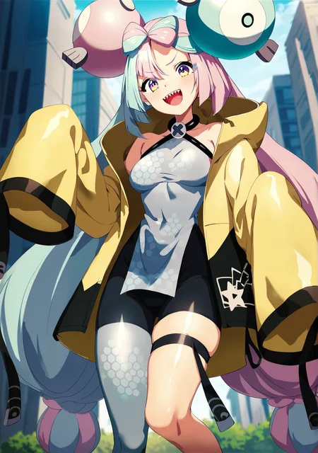 score_8_up, score_7_up, score_6_up, score_5_up, score_4_up, anime screenshot
<lora:Iono (Autism SDXL)-000009:0.8> 1girl, solo, iono (pokemon), multicolored hair, long hair, character hair ornament, bow-shaped hair, sharp teeth, yellow jacket, open clothes, open jacket, thick thighs,