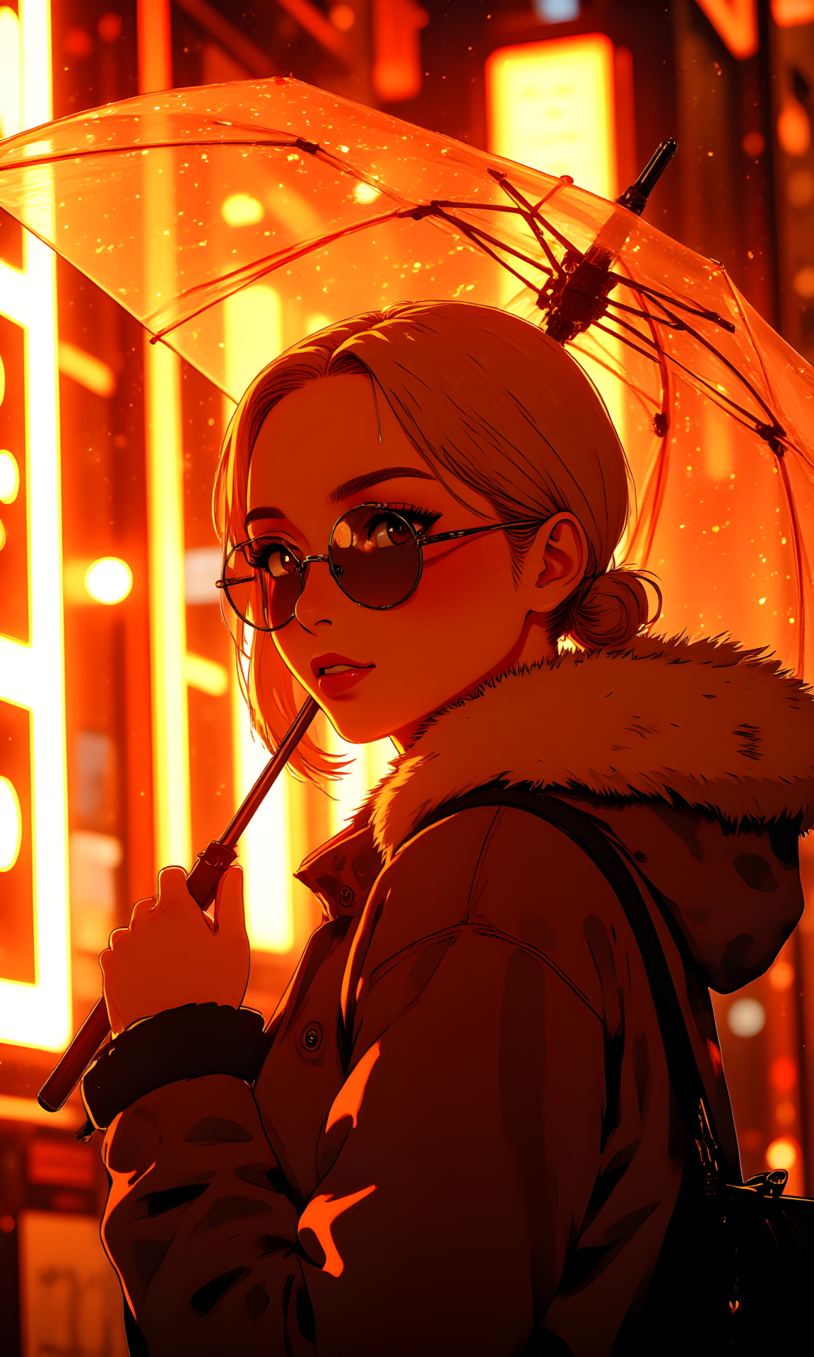 Atmospheric scene featuring a blonde caucassian woman holding an umbrella. The lighting is warm and intense, with a strong orange hue that dominates the entire frame. The woman is wearing round-shaped sunglasses, which add a playful and stylish element to her look.
She has her hair styled in a neat bun, and she is dressed in a cozy-looking jacket with a fur-lined collar. The umbrella she is holding is transparent, allowing the vibrant neon lights in the background to shine through and create a glowing effect. The neon lights appear to be part of a sign or display, adding to the urban and modern feel of the image.
The overall mood of the photograph is one of mystery and intrigue, with the warm lighting and the woman's confident pose creating a sense of depth and character. The combination of the neon lights, the umbrella, and the woman's outfit makes for a visually compelling and memorable image.
j_art, j_anime, UNI_SCI_FI_CORE, <lora:FLUX\UNI_FI_NoCAP:0.7>, <lora:FLUX\jul\J_Anime:0.7>, <lora:FLUX\RealAnime:0.7>