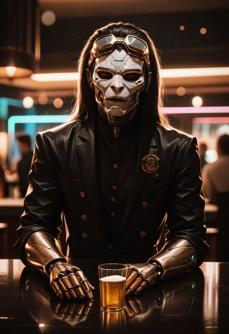 score_9, score_8_up, score_7_up, cyborg, ar3na1989, Kodak Motion Picture Film Style, alien long face, goggles, (neon gold light), bartender, (bokeh), sci-fi, dark atmosphere, moody, dark hair, aesthetic,
