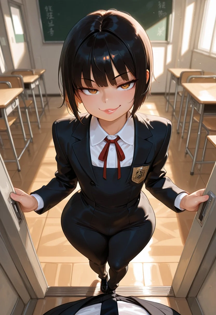 masterpiece, best quality, amazing quality, handsome, 1man, masculine, male, tall, manly, lips, short hair, bangs, school, classroom, school uniform, male uniform, black suit, white shirt, black dress pants, black shoes, smug, flat chest, wide hips, standing, looking at viewer, solo,