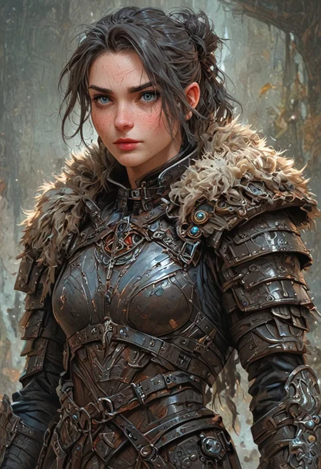 score_9, score_8_up, score_7_up, score_6_up, score_5_up, score_4_up,
fantasy setting, medium_shot, young woman, plain armor, metal breastplate, leather straps, fur cape, blue eyes, freckles,
Fantasy Art Deco, zPDXL3