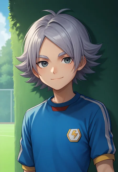 score_9, score_8_up, score_7_up, source_anime, highly detailed,
fubuki, 1boy, male focus, solo, grey hair, grey eyes, sportwear, soccer uniform, inazuma japan soccer uniform, shirt, light blue shirt, short sleeves, shorts, grey shorts,upper body, smile, slender, skinny, closed mouth,
outdoor,