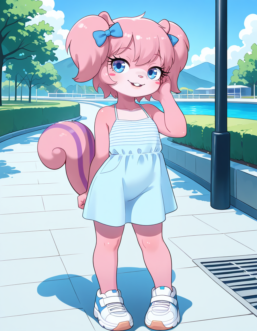 masterpiece, best quality, very aesthetic, absurdres,
outdoors, casual, 
full body, posing, 
seductive smile, parted lips, long eyelashes,
 <lora:Twiggy_v01_NAIXL:1>
Tw166y,1girl,solo,furry,furry female,squirrel girl,pink hair,squirrel ears,short hair,twintails,hair bow,blue eyes,blush stickers,animal nose,buck teeth,body fur,pink fur,squirrel tail,