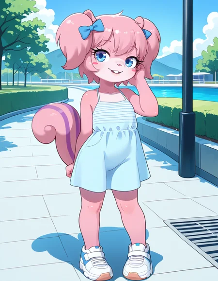 masterpiece, best quality, very aesthetic, absurdres,
outdoors, casual, 
full body, posing, 
seductive smile, parted lips, long eyelashes,
 <lora:Twiggy_v01_NAIXL:1>
Tw166y,1girl,solo,furry,furry female,squirrel girl,pink hair,squirrel ears,short hair,twintails,hair bow,blue eyes,blush stickers,animal nose,buck teeth,body fur,pink fur,squirrel tail,