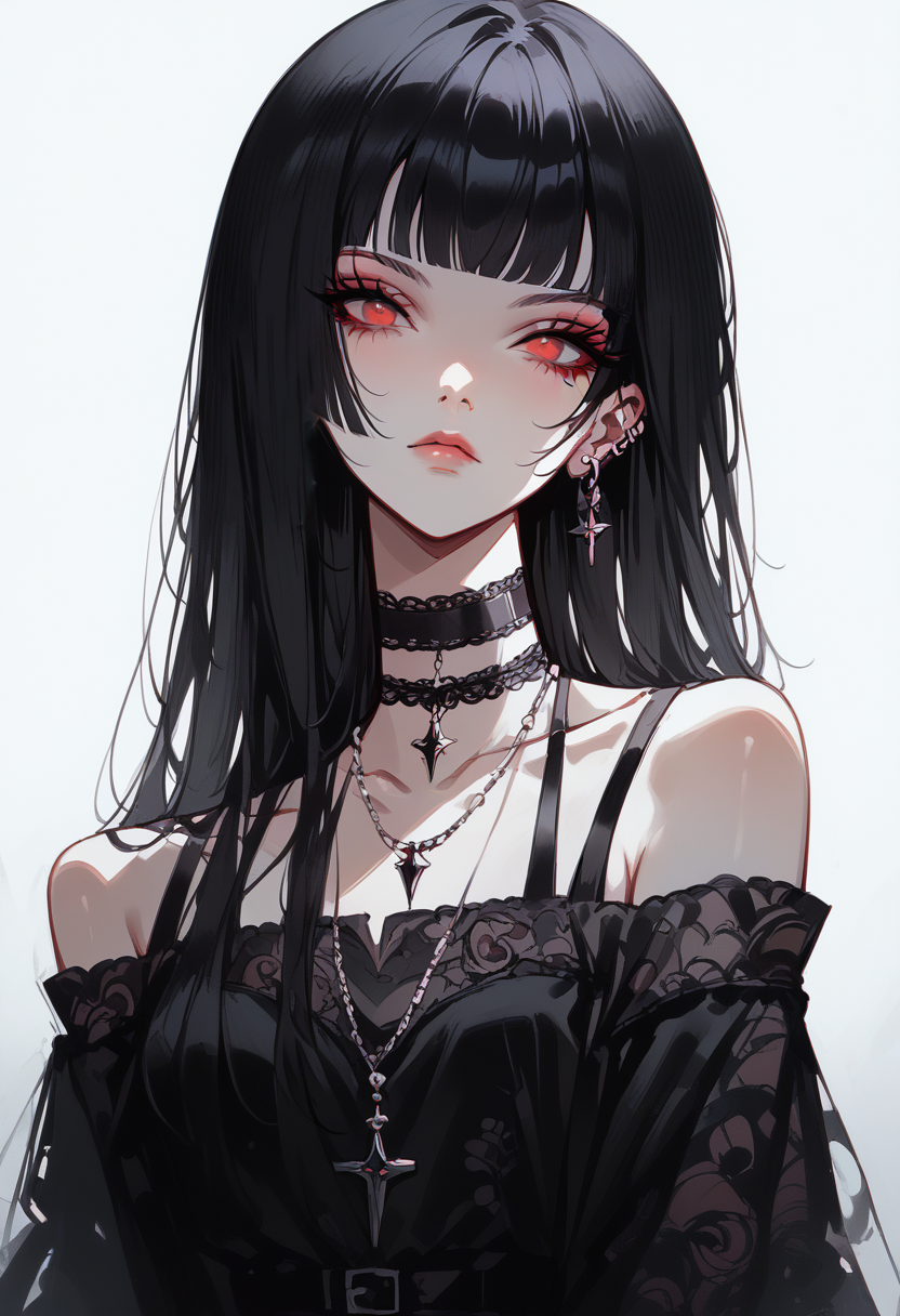 zPDXL3, score_9, score_8_up, score_7_up, Goth girl, 1girl,solo, 2d,looking at viewer,long hair,bangs,simple background,black hair,red eyes,bare shoulders,jewelry,closed mouth,collarbone,earrings,choker,blunt bangs,necklace,makeup,cowboy shot, <lora:g0th1cPXL:0.3>,  , <lora:Goth_girl_XL-v2:0.8>,  <lora:JohnKafkaXLP:1>, <lora:Concept Art Twilight Style SDXL_LoRA_Pony Diffusion V6 XL:0.8>