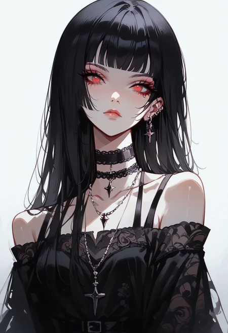 zPDXL3, score_9, score_8_up, score_7_up, Goth girl, 1girl,solo, 2d,looking at viewer,long hair,bangs,simple background,black hair,red eyes,bare shoulders,jewelry,closed mouth,collarbone,earrings,choker,blunt bangs,necklace,makeup,cowboy shot, <lora:g0th1cPXL:0.3>, , <lora:Goth_girl_XL-v2:0.8>, <lora:JohnKafkaXLP:1>, <lora:Concept Art Twilight Style SDXL_LoRA_Pony Diffusion V6 XL:0.8>