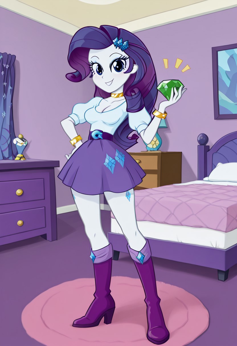 lazypos, masterpiece, best quality, amazing quality,detailed eyes, hi res, Bedroom, detailed background, very pretty, diamond bedroom, pink bedroom, Rarity, mlp, show accurate, equestria girls, bracelet, purple hair, white skin, blue eyes, hair ornament high heel boots, jewelry, white top, cleavage, puff sleeves, belt, cutie mark purple skirt, purple boots, smile, hand on hip, detailed, GLeyecatch, chaos emerald, holding, gem, holding gem