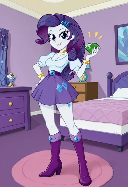 lazypos, masterpiece, best quality, amazing quality,detailed eyes, hi res, Bedroom, detailed background, very pretty, diamond bedroom, pink bedroom, Rarity, mlp, show accurate, equestria girls, bracelet, purple hair, white skin, blue eyes, hair ornament high heel boots, jewelry, white top, cleavage, puff sleeves, belt, cutie mark purple skirt, purple boots, smile, hand on hip, detailed, GLeyecatch, chaos emerald, holding, gem, holding gem