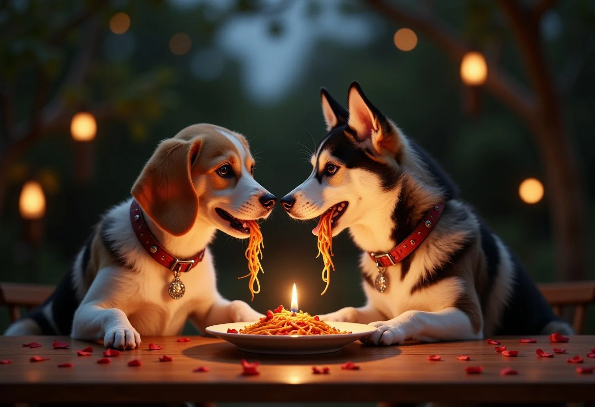A beagle and a husky eating the same spaghetti noddle as they share a romantic, candlelit dinner under the stars.