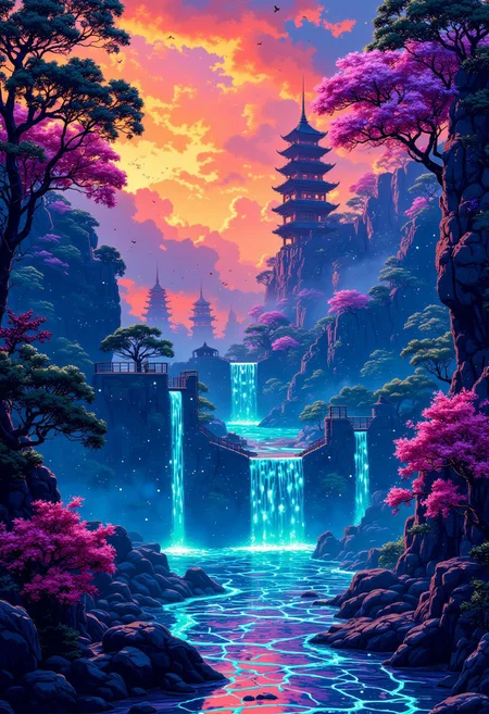 The Neon Jungle Temple
A futuristic sanctuary, where ancient stone temples, covered in glowing cyberpunk vines, rise between holographic waterfalls. The ground is a shimmering glass grid, reflecting the neon sky—a soft gradient of tangerine, cyan, and violet. Pixelated fireflies hover among floating bonsai trees, their leaves pulsing with bioluminescence. The scent of fresh rain, ozone, and blooming jasmine lingers, while a lo-fi bamboo flute melody echoes through the digital canopy.