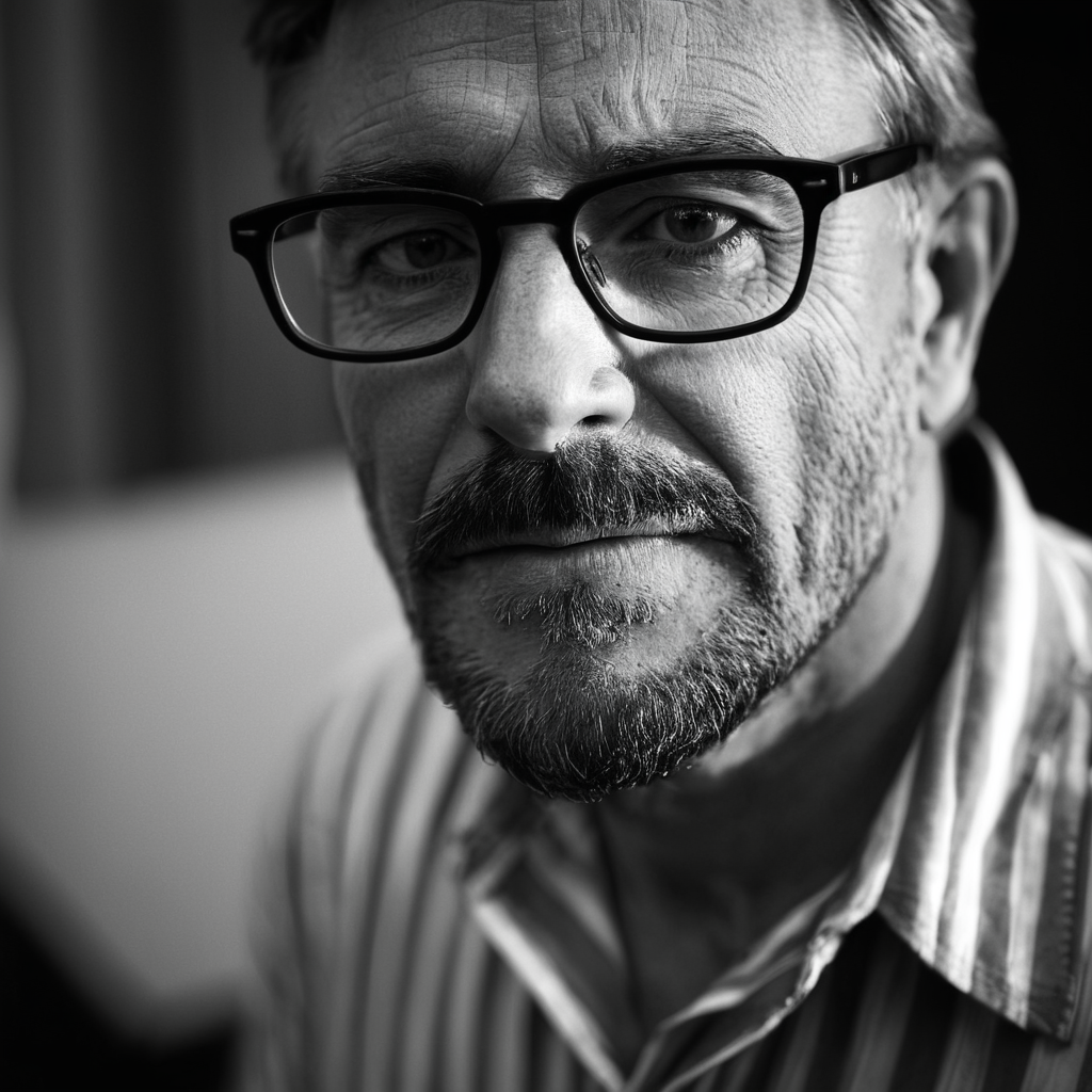 cinematic film still of  <lora:perfection style:0.9> wrinkles:1
A perfect photo of a man with glasses and a striped shirt,solo,looking at viewer,1boy,closed mouth,monochrome,greyscale,male focus,glasses,facial hair,portrait,beard,realistic , detailed face, detailed body, detailed hands, detailed eyes, detailed nose, detailed ears, detailed hair, detailed, perfection, detailed teeth, detailed skin texture, wrinkly, detailed fingers, detailed mouth, beauty, realism, real, detailed hair, detailed pores, detailed background, sharp image, detailed lips, different race, different color, different haircut, different skin tone, different, different people, different pose, perfection style, shallow depth of field, vignette, highly detailed, high budget, bokeh, cinemascope, moody, epic, gorgeous, film grain, grainy