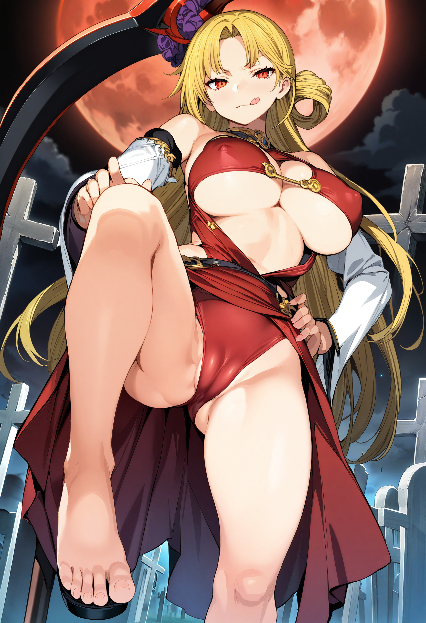 masterpiece,best quality,very aesthetic,absurdres,highres,<lora:Cool_Rance_PA:1>,full body,1girl,from below,foot over viewer,large breasts,red leather one piece,cameltoe,cleavage,underboob,looking at viewer,walking,red eyes,half-closed eyes,serious,evil smile,tongue out,blonde hair,very long hair,hair up,holding scythe,parted bangs,bare legs,detached sleeves,toeless legwear,hand on own hip,graveyard,night,red moon,outdoors,covered nipples,