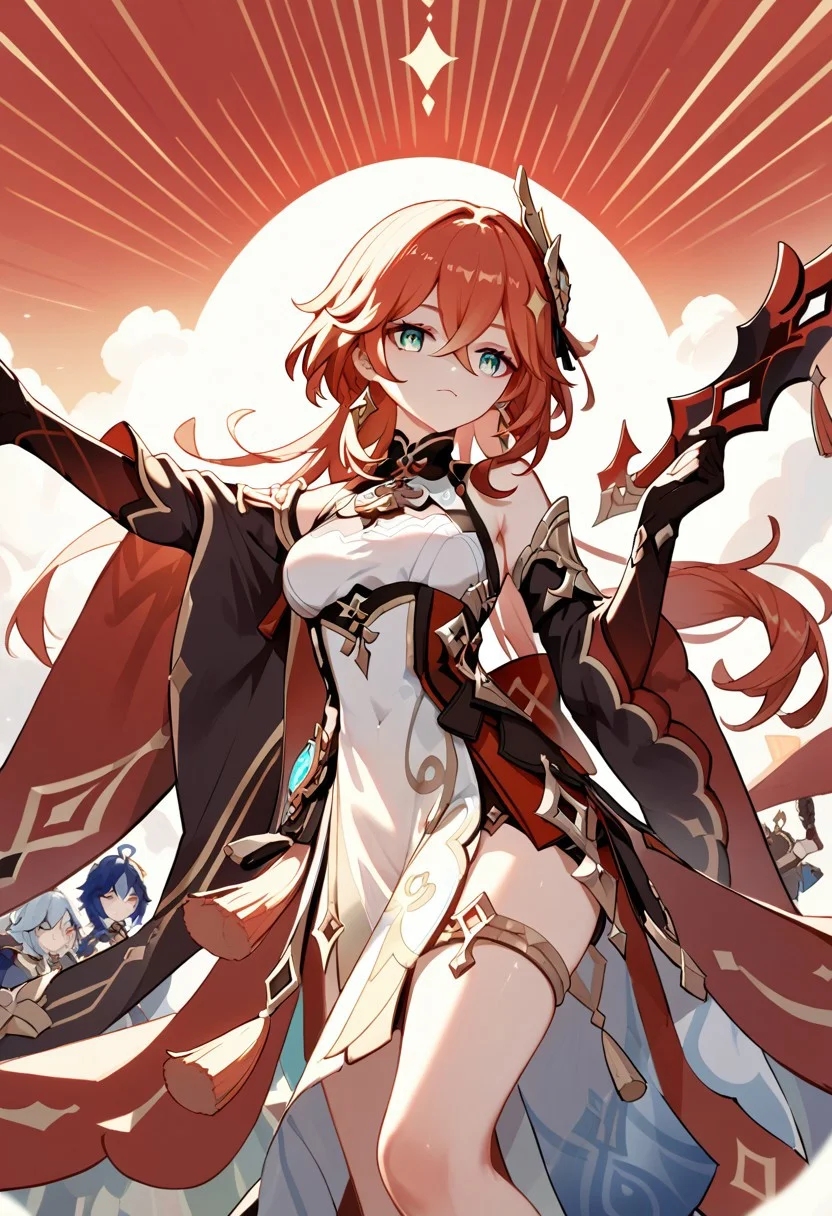 score_9, score_8_up, score_7_up, red sun style, many girls, genshin impact, holding weapons