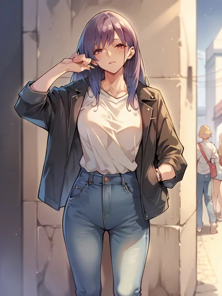 score_9, score_8_up, score_7_up, score_6_up, <lora:n4n40XLP:1> n4n40, 1girl, t-shirt, jeans, jacket,
