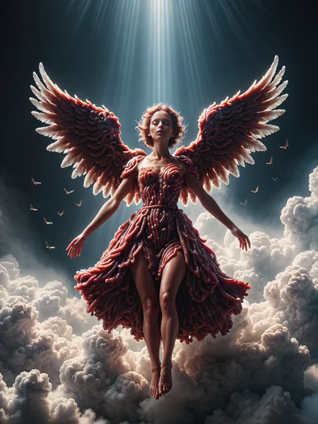 angel with wings made of mad-mince, floating in the clouds, cinematic shot, great lighting <lora:Alles_wird_aus_Hack_gemacht_SDXL:0.8>, (masterpiece:1.2), best quality