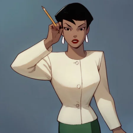 score_9, score_8_up, score_7_up, 1girl, solo, lipstick, black hair, short hair, black eyes, dark skin,  jacket, green pencil skirt, earrings, Angela Chen (dc)