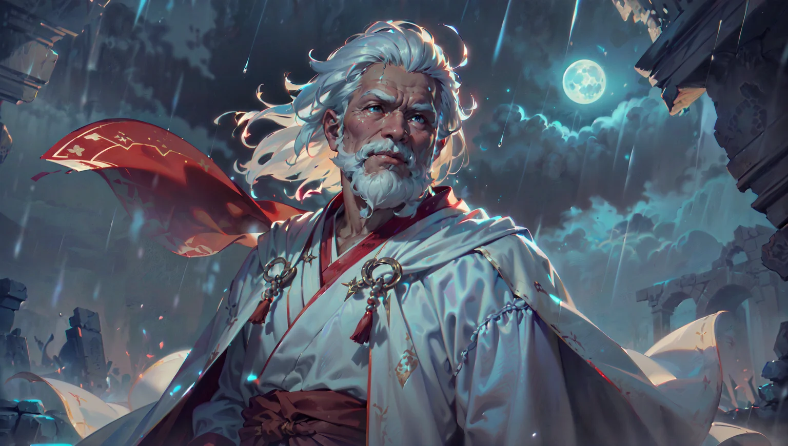 (extremely detailed:1.3), (masterpiece:1.3), sfw, (historical fantasy art:1.3), a viewed from hip level illustration of a
(likely old man with a overweight body:1.3), (detailed (dark mahogany-colored) skin, detailed hands, detailed fingers, detailed face:1.3), (detailed white hair with white beard:1.3), (detailed turquoise eyes), (stealthily atrocious:1.3), (wearing (white and red) fantasy (white mage robes) made of cotton and silk adorned with beads, cape blowing in the wind:1.3), (raining, wet hair, wet clothes:1.3), (detailed ancient mystical ruins background:1.3), (moonlight, nighttime, night, dim lighting, dark atmosphere, daylight:-0.6, sunlight:-.6:1.3), sharp focus, (strong depth of field:1.1) <lora:add_detail:.2> <lora:JW:.2>