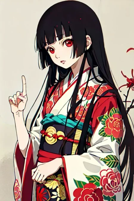 enma ai, hair down, hair black, bangs, eyes red, masterpiece, best quality, ultra-detailed, illustration, 1girl, solo, highres, photorealistic, ultra high res, (Original illustration composition), (fusion of limited color,Maximalism artstyle, kimono obi fashion, double exposure, background, illustration, Amazing, lily spider, night darkness, open one's mouth, middle finger show, bouquet flowers red, low twintails, (polychromatic peony:1.15), Movie poster,