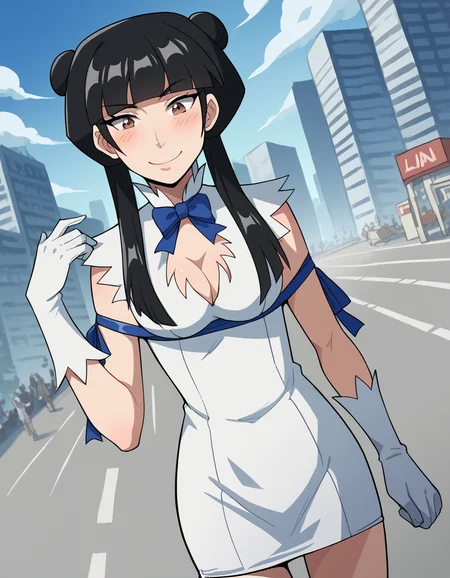 score_9, score_8_up, score_7_up, source_anime, <lora:mai-book2book3-ponyxl-lora-nochekaiser:1>, mai, sidelocks, long hair, black hair, lunt bangs, hair bun, double bun,, <lora:hestia-cosplay-ponyxl-lora-nochekaiser:1>, hestiacosplay, hestia (danmachi) (cosplay), blue bow, blue bowtie, bow, bowtie, cleavage, cleavage cutout, clothing cutout, dress, gloves, pencil dress, rei no himo, short dress, white dress, white gloves, blue ribbon, arm ribbon,, outdoors, cityscape, street, smile, blush, , cowboy shot, dutch angle