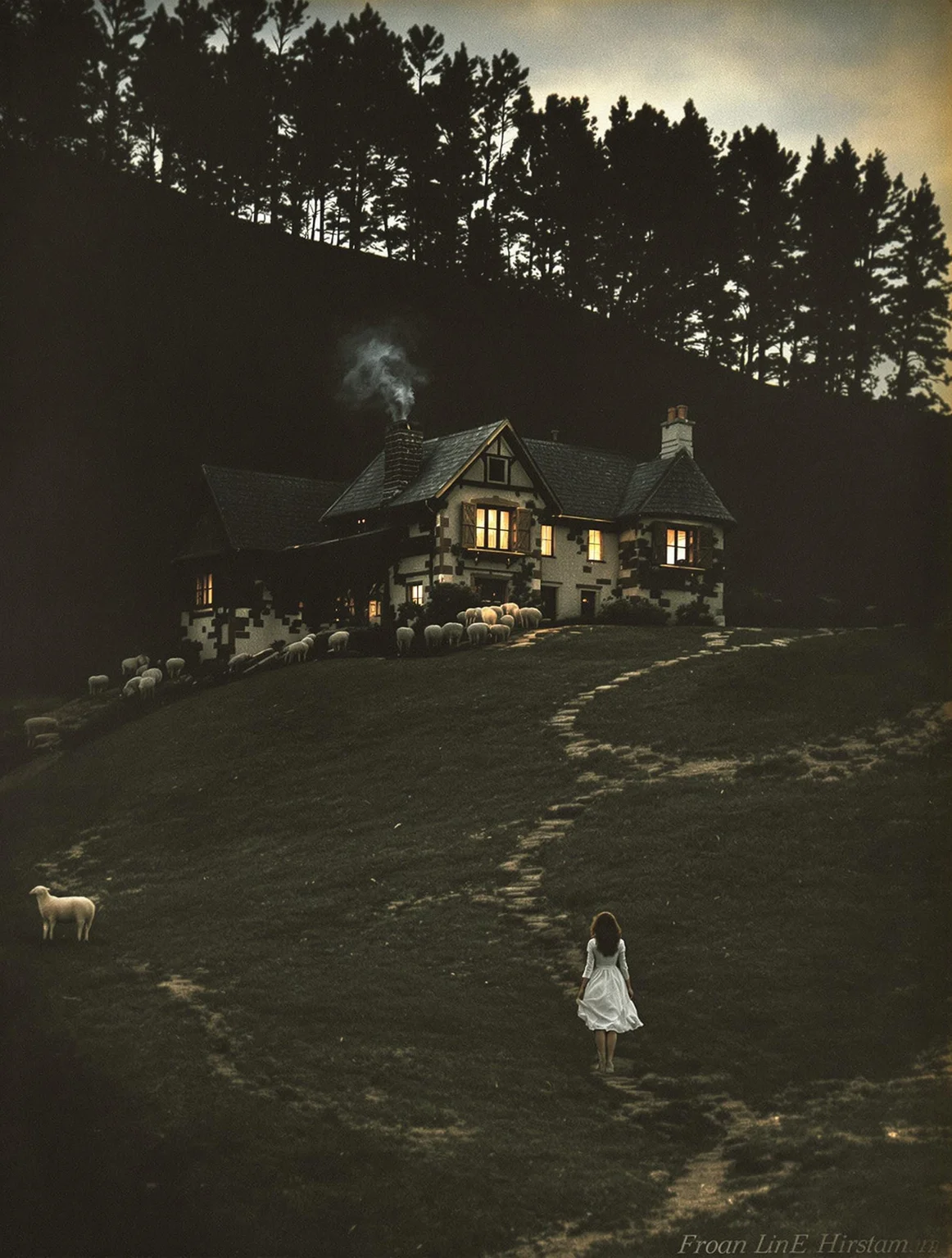 An old haunting colorized photograph of an antique cottage on a hill in the pyrenees foot hills, seen from a distance from the woods. The historical documentary photograph was expertly composed. The house windows are warmly lit and a faint smoke is seen rising from the chimney. It seems isolated and hard to access, centered and far away. A pastoral scene in the foreground is broken up through the ascending landscape by trees. A young shepherdess woman is seen in the distance from behind, her hair and dress blow in the wind to reveal her sensational legs, as if to tease without being too forward. There is a dangerous and wild vibe to the picture. Shadows are long and eerie at twilight, but the long exposure enhances the incredible beauty of the scene.