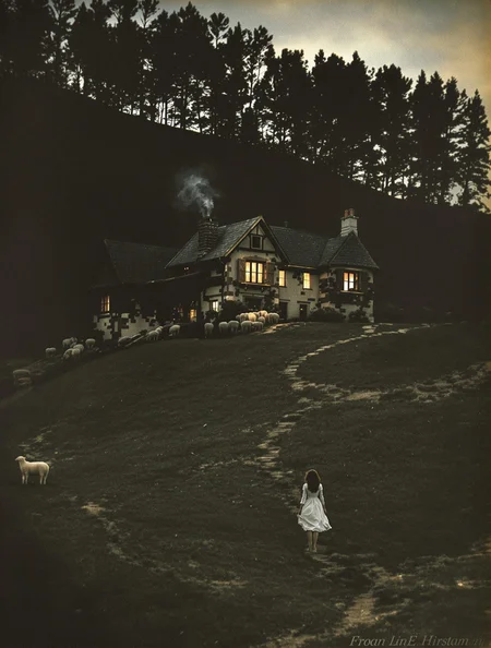 An old haunting colorized photograph of an antique cottage on a hill in the pyrenees foot hills, seen from a distance from the woods. The historical documentary photograph was expertly composed. The house windows are warmly lit and a faint smoke is seen rising from the chimney. It seems isolated and hard to access, centered and far away. A pastoral scene in the foreground is broken up through the ascending landscape by trees. A young shepherdess woman is seen in the distance from behind, her hair and dress blow in the wind to reveal her sensational legs, as if to tease without being too forward. There is a dangerous and wild vibe to the picture. Shadows are long and eerie at twilight, but the long exposure enhances the incredible beauty of the scene.