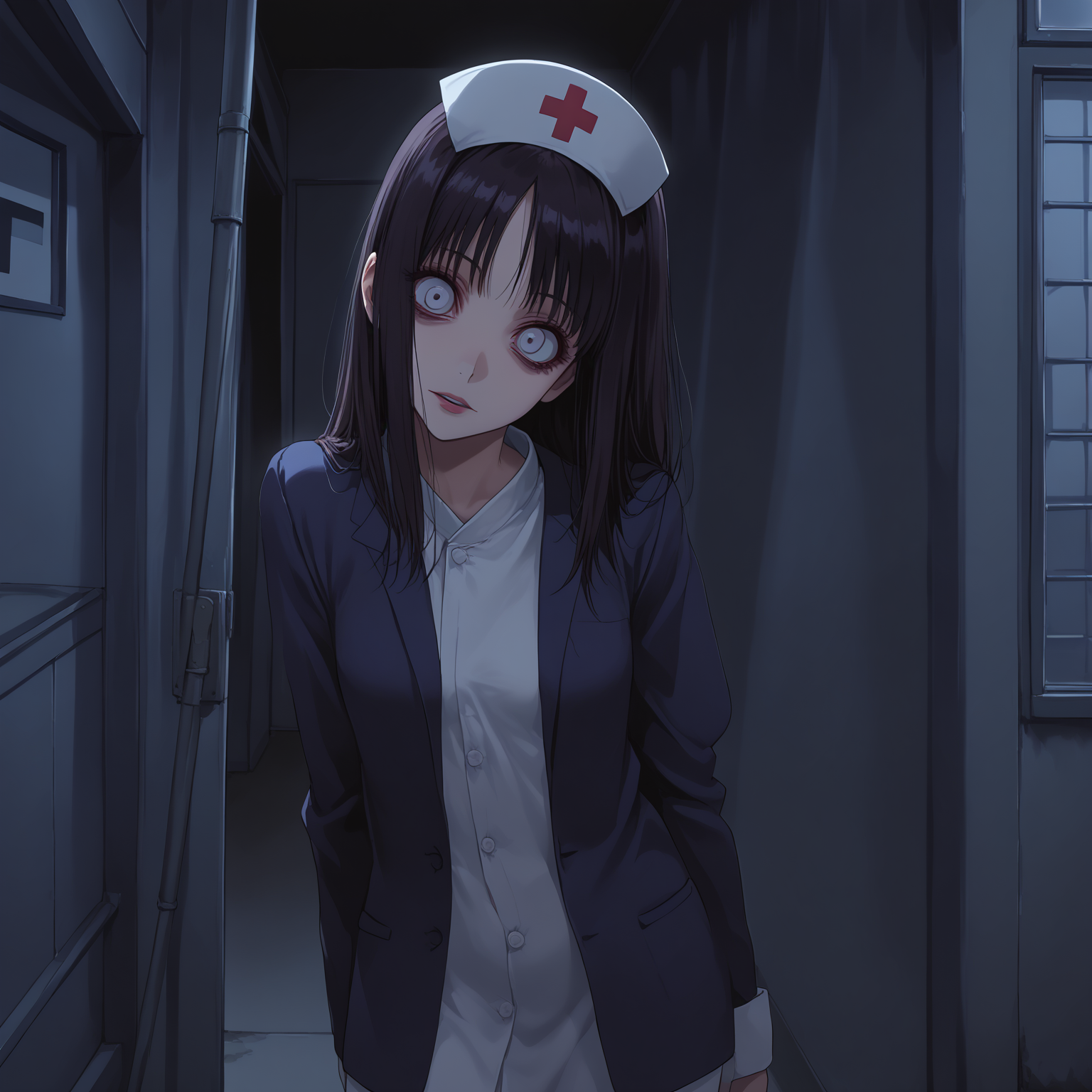 score_9,source_anime,anime style,<lora:Breast Slider - Pony_alpha1.0_rank4_noxattn_last:-0.5>,<lora:Nipple Size Slider_alpha1.0_rank4_noxattn_last:-0.5>,<lora:d3t41l3dXLP:0.25>,<lora:m0njy4XLP:0.35>,<lora:susamix010-pony:0.3>,1girl,outdoors,in public,medium breasts,<lora:headtilttext_alpha16.0_rank32_full_last:3>,creepy,deranged,scary,head tilt,upper body,standing,nurse,full body,