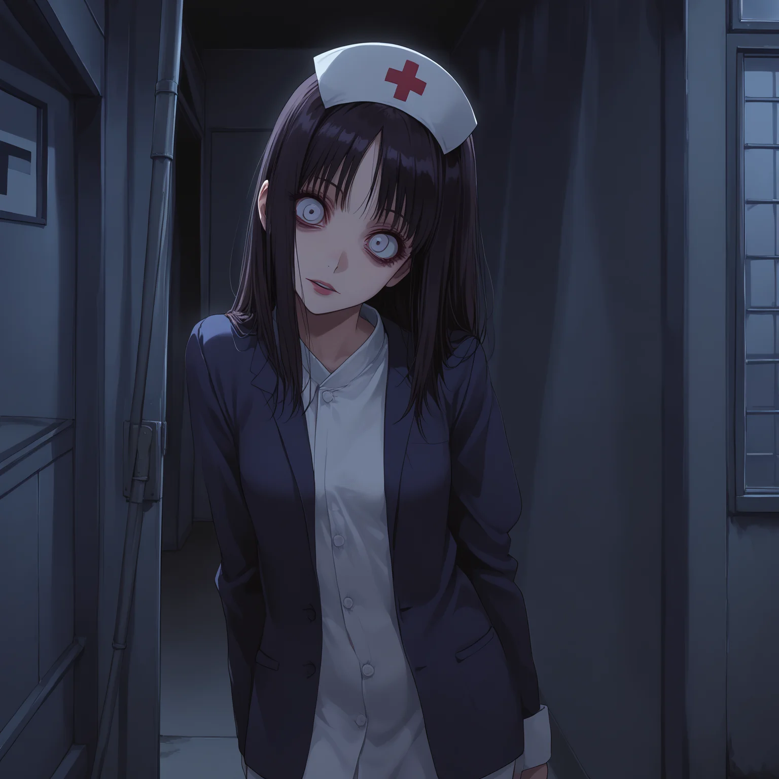 score_9,source_anime,anime style,<lora:Breast Slider - Pony_alpha1.0_rank4_noxattn_last:-0.5>,<lora:Nipple Size Slider_alpha1.0_rank4_noxattn_last:-0.5>,<lora:d3t41l3dXLP:0.25>,<lora:m0njy4XLP:0.35>,<lora:susamix010-pony:0.3>,1girl,outdoors,in public,medium breasts,<lora:headtilttext_alpha16.0_rank32_full_last:3>,creepy,deranged,scary,head tilt,upper body,standing,nurse,full body,