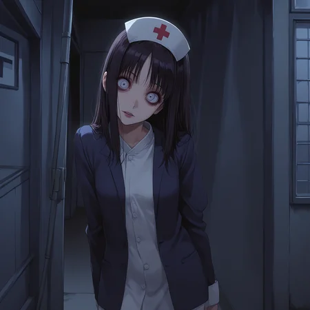 score_9,source_anime,anime style,<lora:Breast Slider - Pony_alpha1.0_rank4_noxattn_last:-0.5>,<lora:Nipple Size Slider_alpha1.0_rank4_noxattn_last:-0.5>,<lora:d3t41l3dXLP:0.25>,<lora:m0njy4XLP:0.35>,<lora:susamix010-pony:0.3>,1girl,outdoors,in public,medium breasts,<lora:headtilttext_alpha16.0_rank32_full_last:3>,creepy,deranged,scary,head tilt,upper body,standing,nurse,full body,