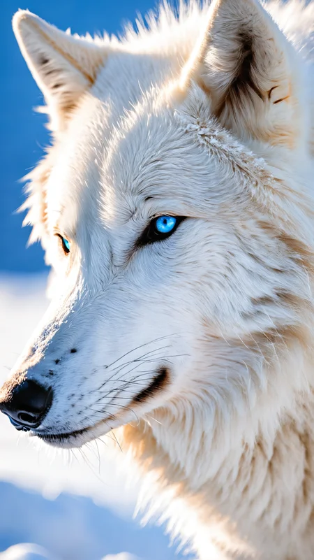 girl with white hair and bright blue eyes looking at viewer, white wolf with bright blue eyes, snowy landscape, close up, 8k, uhd, masterpiece,