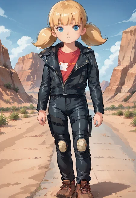 score_8, score_8_up, score_7_up, source_anime, anime screenshot, 1girl, solo, female focus, penny_ig, blonde hair, twintails, blue eyes, Road_Wargear, leather jacket, asymmetrical clothes, asymmetrical sleeves, single pauldron, zipper, zipper pull tab, red shirt, pants, knee patch, shoes, outdoors, desert, Australian outback, child