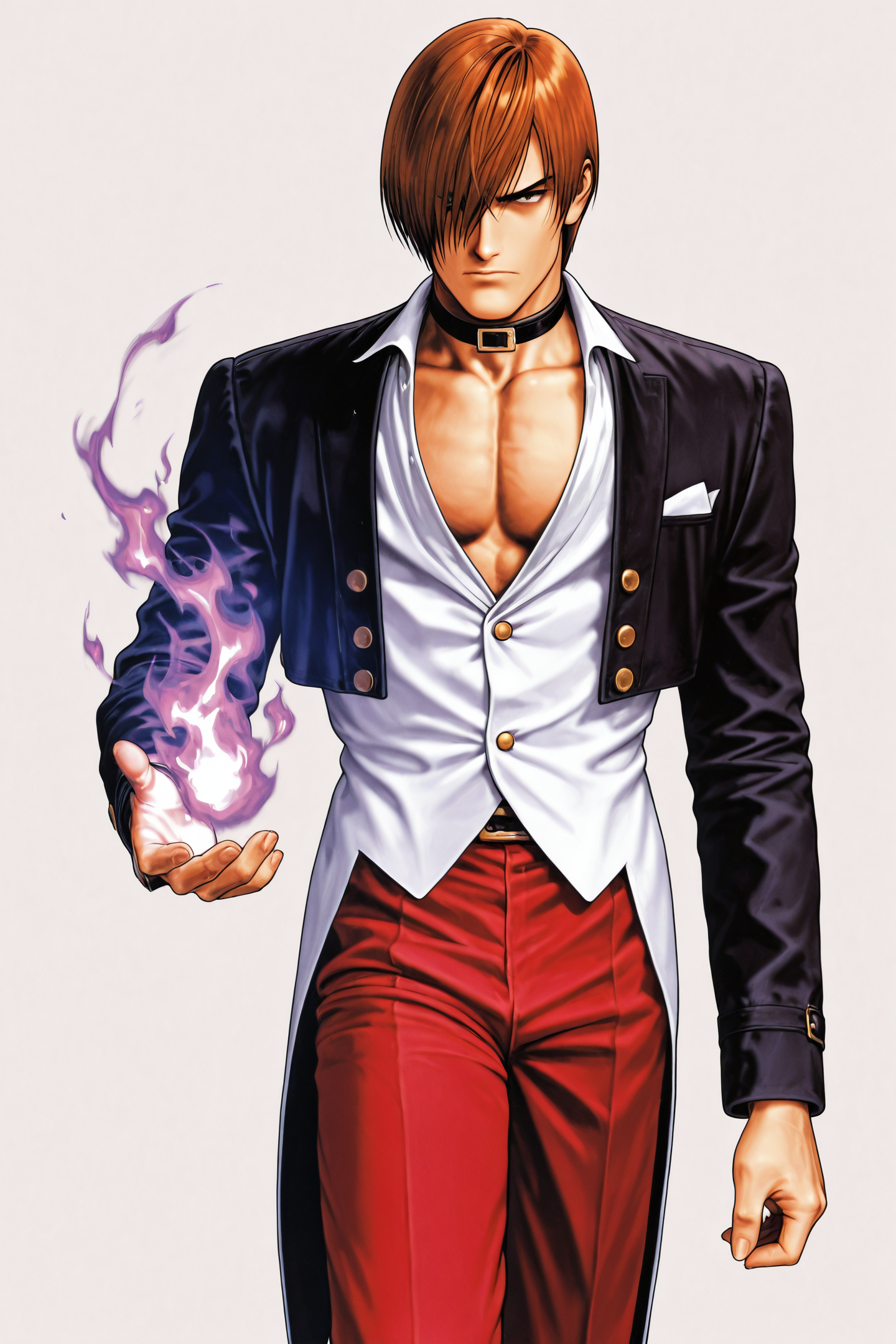 Iori Yagami,1boy,solo,male focus,red hair,red pants,hair over one eye,simple background,pants,collar,white background,black jacket,long fingernails,choker,black eye,standing,long sleeves,disdain,retro artstyle,purple fire,reach out,white tuxedo,pectoral cleavage,evil,
<lora:shinkiro_illustriousXL:1>,
