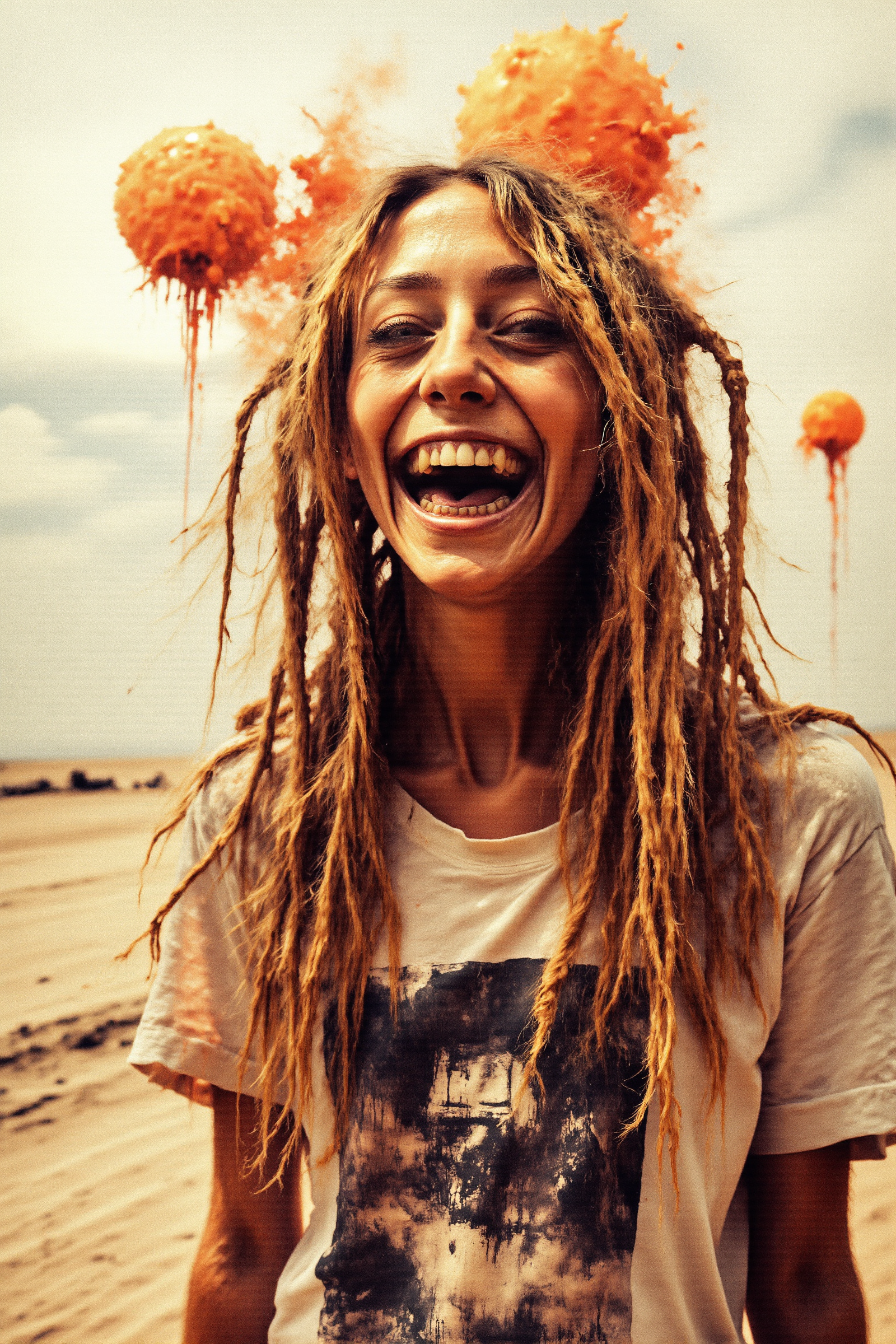 A highly detailed extreme close-up of a laughing, busty French girl with striking, thick, light-blonde dreadlocks as the focal point. Her wild, sun-kissed dreads cascade around her face, some strands adorned with glowing orange beads that pulse softly like embers. The texture of her locks catches the light, emphasizing their depth and movement. She wears a retro band shirt, its faded print barely visible beneath the warm, overexposed desert light. Her freckled skin glows, her radiant smile full of life and warmth, eyes crinkling with unfiltered joy.
Sharp, vibrant glitch effects cut through the soft, pale tones, distorting the edges of the image in jagged streaks of orange and red, as if reality itself is unraveling. Behind her, barely visible through the hazy clouds, two vibrant orange-red glitch-like suns flicker, dissolving into the distorted sky.
Nistyle, monochrome analog photo, extreme face close-up, a vibrant, free-spirited girl, exuding retro charm and rebellious energy, hyper-detailed photorealistic, with stark glitch accents against a soft, washed-out aesthetic.
Dark Art