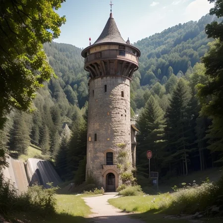 realistic analog photo, award winning photo, vary wide shot of (authoritarian) Cement witow (Military watchtower), fortified, building, scenery, dirt path, (hill top), nature, outdoors, RAW, highres, 8k, uhd, High Dynamic Range, tonemapping, crisp details,