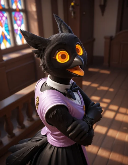 score_9, score_8_up, score_7_up, BREAK (anthro, furry:1.1), depth of field, cinematic lighting, masterpiece, detailed hands, detailed face, best quality, ultra realistic, 4k, 2k, film photography, RAW photo, photorealistic, analog style, subsurface scattering, photorealism, embedding:unaestheticXL_bp5, embedding:zPDXL,(best quality, high quality, 8K:1.5), <lora:add-detail-xl:2.5>, <lora:fix_hands.safetensors:2.0>, <lora:2.5DRealisticV2.safetensors:0.2>, <lora:sinfully_stylish_SDXL.safetensors:0.6>, <lora:AdvancedEnhancerXLv2.safetensors:1.0>, (hi res), ((masterpiece)), ((best quality)), illustration, <lora:Barnaby (Billie Bust Up).safetensors:0.8>, barnaby, avian, (ghost:1.15), owl, spirit, black body, yellow eyes, long neck, feathers, vest, digitigrade, bow tie, purple clothing, open mouth, orange tongue, black beak (church, from above, looking at genitalia looking back crossed hands, clenched teeth:1.15)