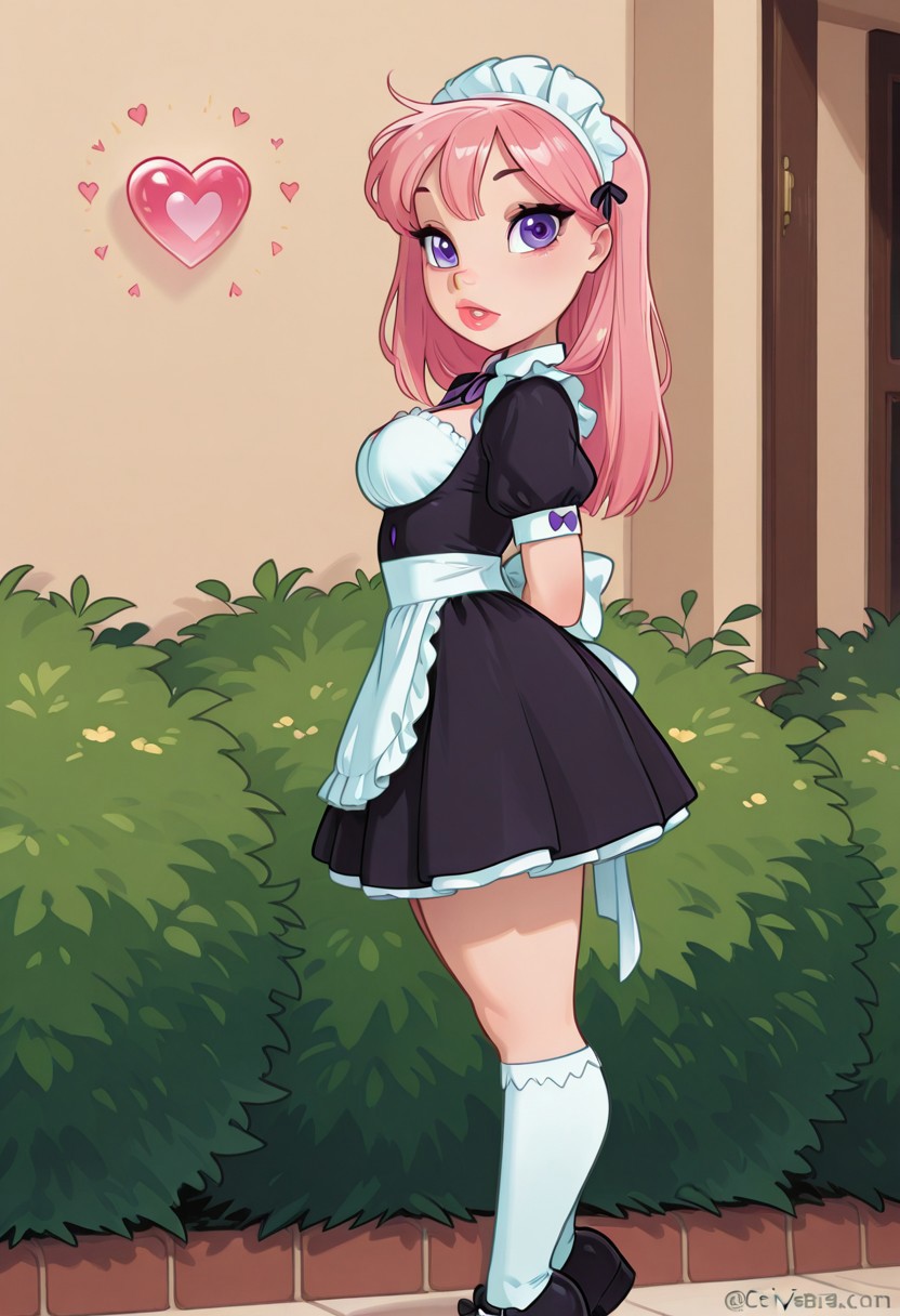 <lora:CivChan:1> side view, CivChan, purple eyes, pink hair, maid outfit, medium breasts, full lips, floating hearts, hearts, doing the homer Simpson walking backward meme, Large bush wall