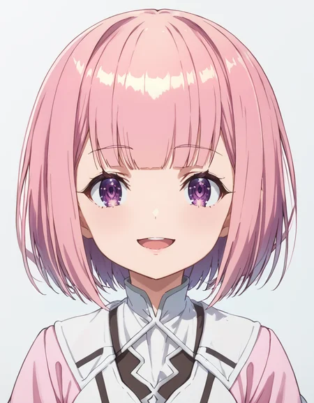 score_9, score_8_up, score_7_up, source_anime, BREAK
1girl, solo, looking at viewer, light smile, simple background, open mouth, upper body, portrait,
short hair, pink hair, bob cut, blunt bangs, purple eyes,
white dress, pink coat,
lululi ashford (girumasu),
<lora:lululi_ashford-girumasu_s1-pxl-anime-soralz:1>