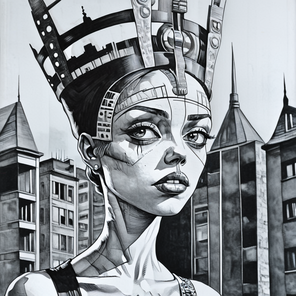 <lora:Monochrome_Graphic_EtchingSDXL:1> ArsMJStyle, Monochrome Graphic Etching, The image shows a black and white drawing of a woman wearing a crown with a human face in the foreground and buildings in the background., monochrome, greyscale, 1boy, male focus, solo, teeth, building, hat, parody, portrait