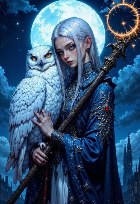 bo-an1me, dark fantasy illustration, high detail fantasy anime, a mystical and ethereal style. The layout is a close-up portrait of a girl with fair skin and striking facial features, including intense eyes and a serene expression. The girl has silver hair and is adorned in a deep blue, starry cloak with intricate silver embellishments. She holds a large, majestic white owl with piercing yellow eyes, which is perched on her arm. The background is a night sky with a full moon, adding to the magical atmosphere. A crescent moon symbol is prominently displayed on a staff held by the girl. The overall composition conveys a sense of mystery and enchantment.