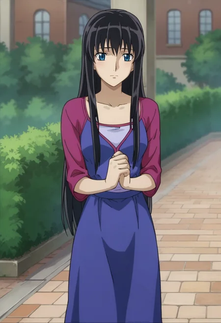 score_9,score_8_up,score_7_up,score_6_up,score_5_up,score_4_up,anime coloring BREAK source_anime,anime,<lora:Marina_Ismail_Gundam_00_Pony:0.8>,marina,1girl,solo,blue eyes,black hair,long hair,sidelocks,blue dress,purple shirt,standing,clasping own hands,outdoors,