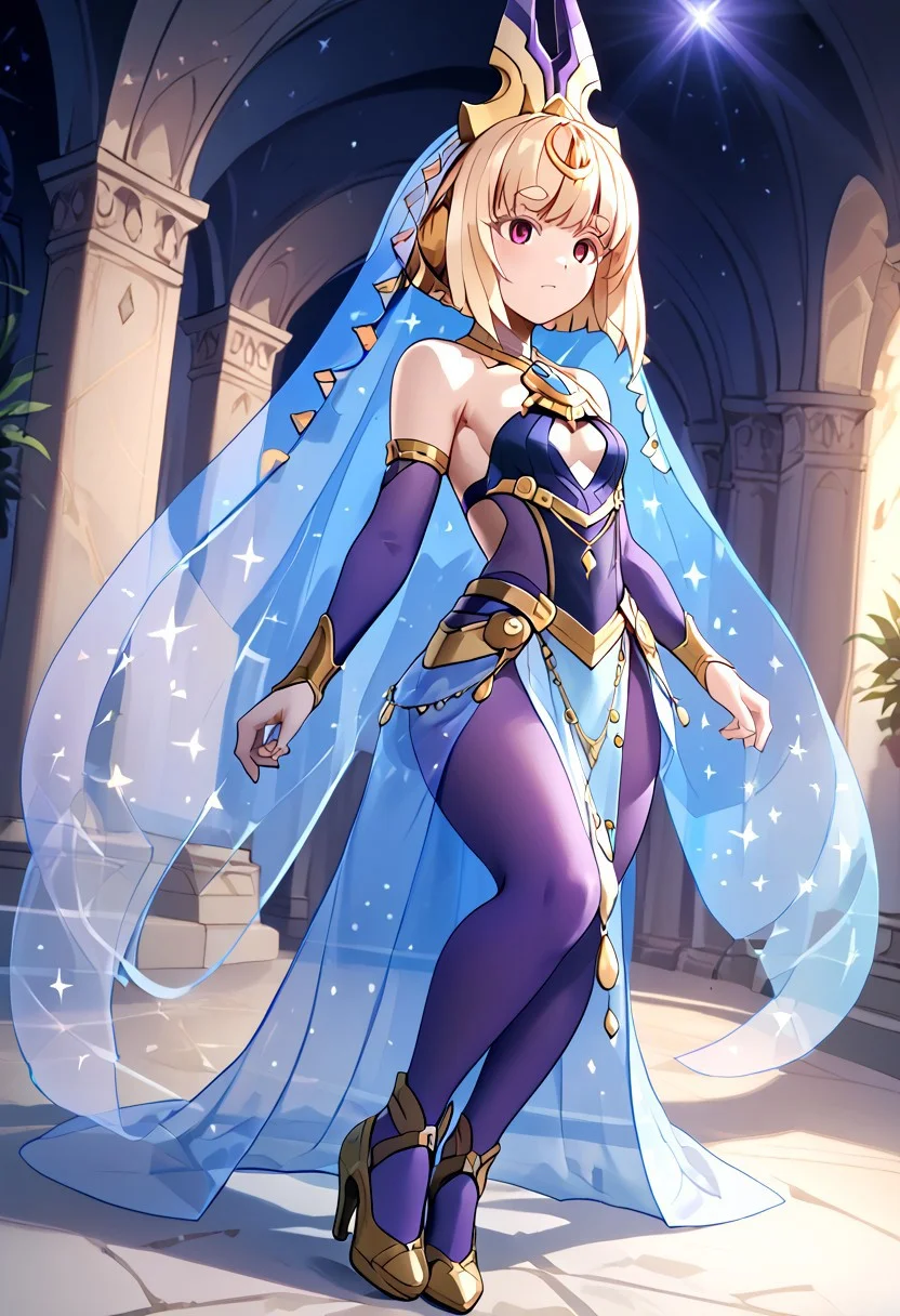score_4,score_5,score_6,score_7_up,score_8_up,score_9 ((masterpiece,best quality,ultra detailed,highres,HD,4k:1.2)),
1 girl,solo,face focus,
cleavage,bare shoulders,dancer outfit,harem outfit,Purple tights,pelvic curtain,veil,jewelry,Elbow gloves,high heels,
Layla,blonde hair,bangs,short hair,bob cut,sidelocks,thick eyebrows,red eyes,petite,
Expressionless, emotionless, blush,