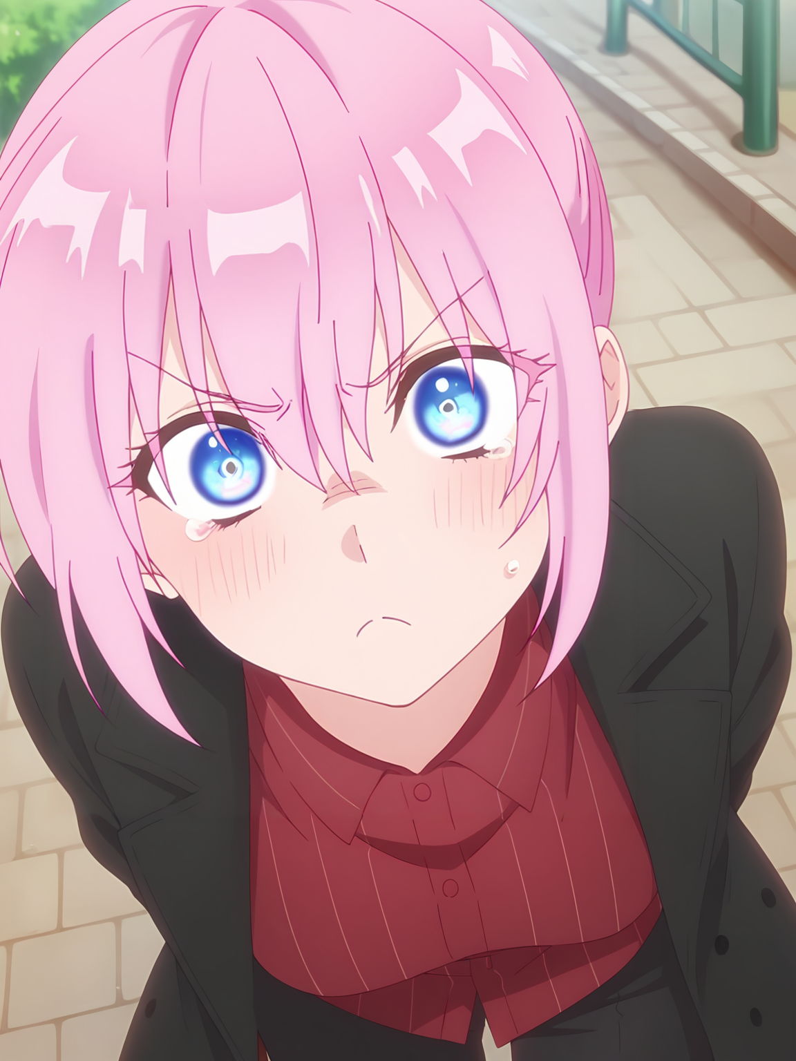<lora:Shikimori_from_Shikimoris_Not_Just_a_Cutie_Multiple_Outfits:0.8>shikimori, 1girl, solo, blue eyes, pink hair, ponytail, open long black coat, red striped shirt, black pants, looking at viewer, closed mouth, outdoors, angry, tears, slightly surprised