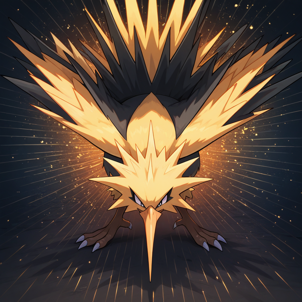 vibrant, detailed, detailed background, amazing_quality, colorful, masterpiece, <lora:zapdos-illus-14:1> pzapb, pokemon \(creature\), bird, 1other, bent over,