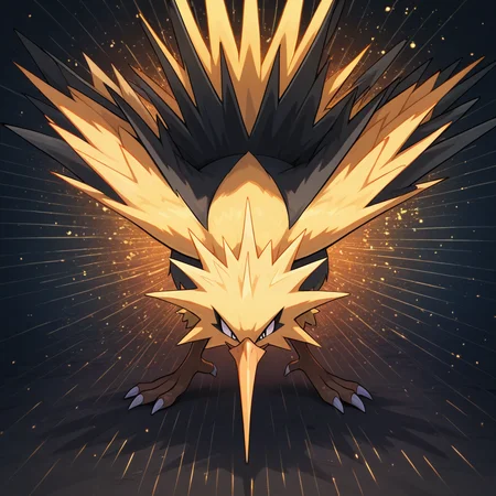 vibrant, detailed, detailed background, amazing_quality, colorful, masterpiece, <lora:zapdos-illus-14:1> pzapb, pokemon \(creature\), bird, 1other, bent over,