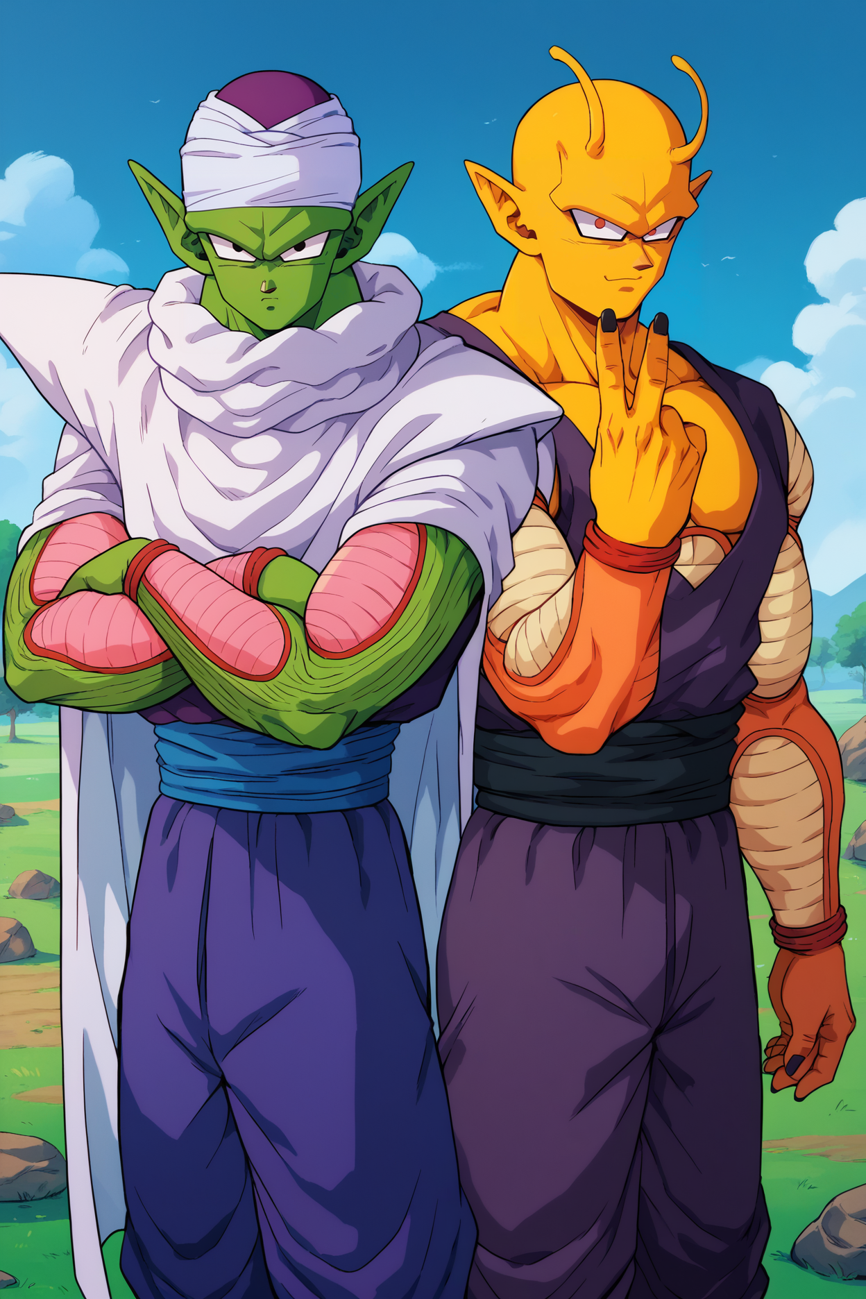 score_9, score_8_up, score_7_up, score_6_up, 2boys,side-by-side, cowboy shot,looking at viewer, blue sky, grass, tree, rock,pointy ears,   <lora:PiccoloPonyV2:0.5>  
BREAK piccolo, 1boy, green skin, (pink patches:1.05), white turban, white cape, shoulder pads, purple dougi, purple pants, blue sash, serious, crossed arms,black eyes
BREAK  orange piccolo, 1boy, yellow skin, yellow patches, purple dougi, purple pants, black sash, mature male, smile, peace sign, v, hand up, red eyes, slug horns, black nails, sharp nails