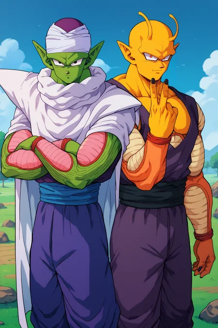score_9, score_8_up, score_7_up, score_6_up, 2boys,side-by-side, cowboy shot,looking at viewer, blue sky, grass, tree, rock,pointy ears, <lora:PiccoloPonyV2:0.5>
BREAK piccolo, 1boy, green skin, (pink patches:1.05), white turban, white cape, shoulder pads, purple dougi, purple pants, blue sash, serious, crossed arms,black eyes
BREAK orange piccolo, 1boy, yellow skin, yellow patches, purple dougi, purple pants, black sash, mature male, smile, peace sign, v, hand up, red eyes, slug horns, black nails, sharp nails