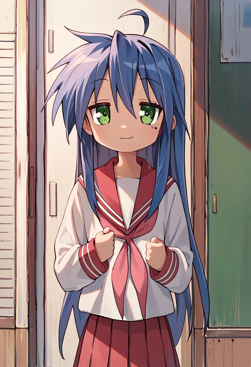 score_9, score_8_up, score_7_up, score_6_up, source_anime, masterpiece, ultra detailed, highres, 4k, best quality, 8k, 2D, moe art style, cute, kawaii, anime, cowboy shot,
1girl, solo, Konata Izumi, adult, mature, 1girl, solo, long hair, blue hair, ahoge, green eyes, mole, looking at viewer, standing, :3, smile, closed mouth, 
serafuku, red skirt, pleated skirt, red sailor collar