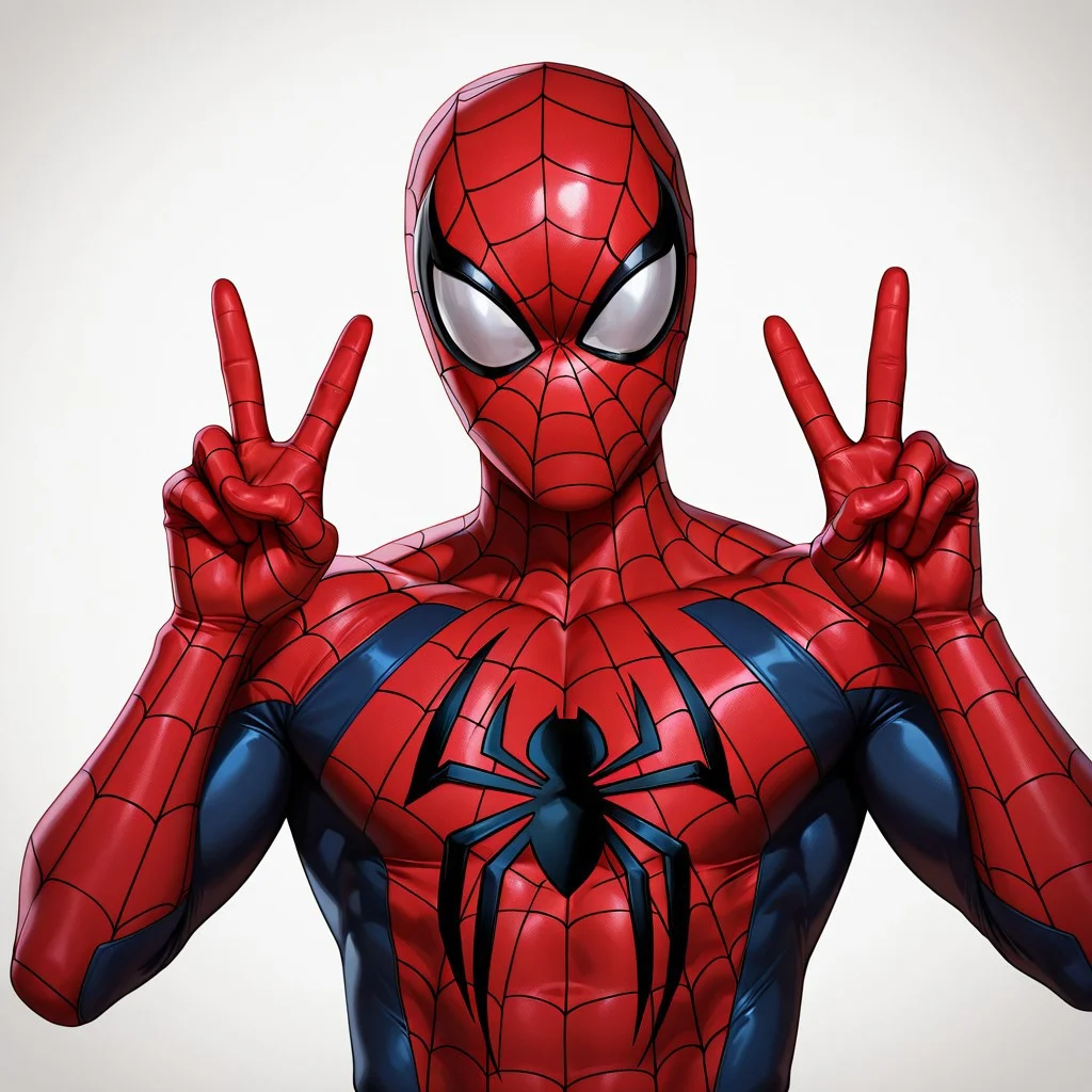 FutureFightStyle, ((semi realistic)), score_9, score_8_up, score_7_up, 8k, absurd res, masterpiece, best quality, masterpiece, best quality, amazing quality, very aesthetic, absurdres, newest, best quality, newest, absurdres, solo, 1boy, Spiderman, v sign, headshot, white background, red mask, red bodysuit, superhero suit