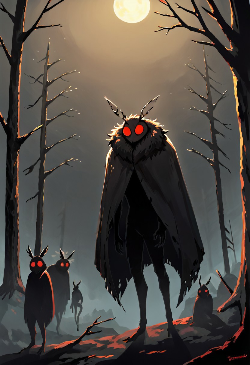 score_8_up, score_7_up, masterpiece, ultra detailed, distant view of mothman crouched on the branch of a spooky tree, black fur, red eyes, antennae, mouthless, cloak, silhouette, dark sunset behind, dynamic, EnhanceImage