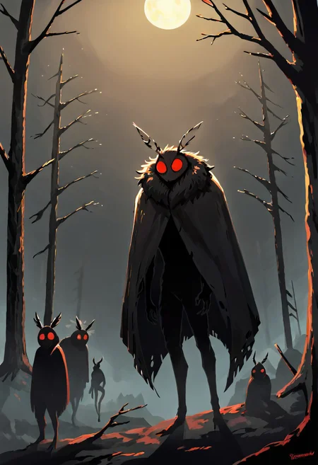 score_8_up, score_7_up, masterpiece, ultra detailed, distant view of mothman crouched on the branch of a spooky tree, black fur, red eyes, antennae, mouthless, cloak, silhouette, dark sunset behind, dynamic, EnhanceImage