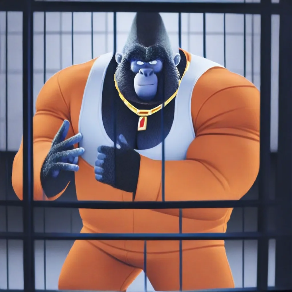 Big daddy, bara, mature male, older male, gorilla, broad shoulders, large build, muscular male, (pose:1.3), (posing:1.3), (soft shading), 4k, hi res, five fingers, detailed hands, ((detailed face, (detailed eyes:1.0), detailed)), (full body), smug, jewelry, gold necklace pectoral cleavage, prison, white tanktop, prison jumpsuit, orange suit,